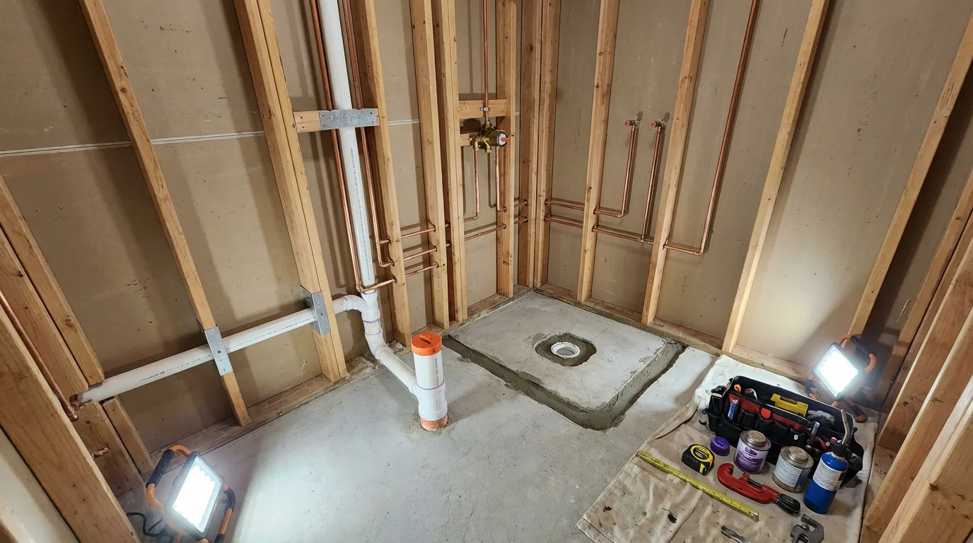 Bathroom rough-in plumbing during remodel by Johns Plumbing LLC in Pleasant Valley