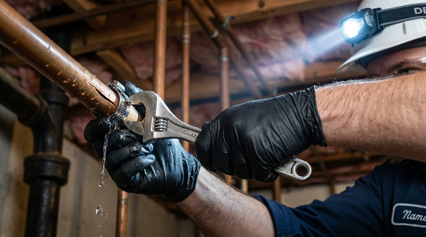 Emergency pipe clamp repair being performed by a Johns Plumbing LLC plumber in Pleasant Valley