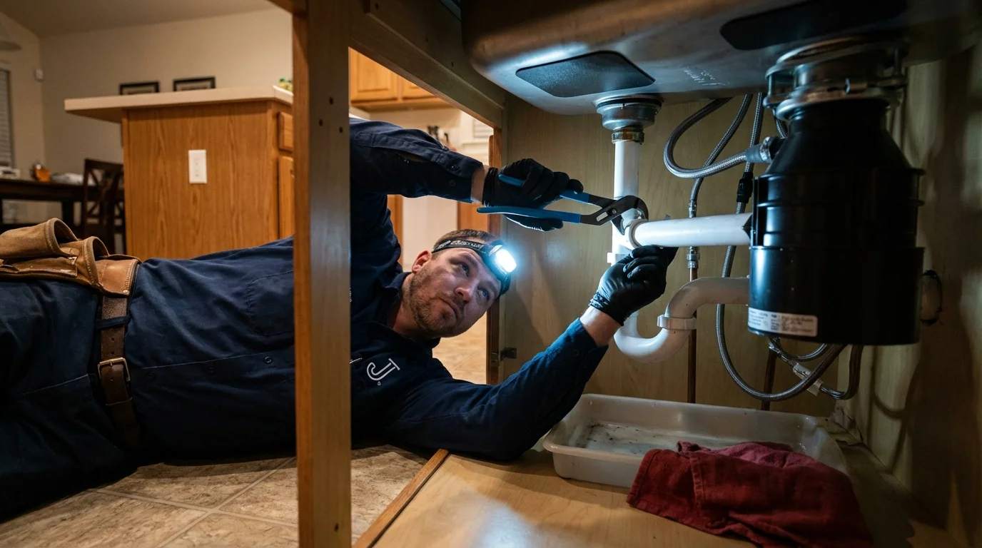 P-trap and supply line connections under a kitchen sink showing a common leak point in Pleasant Valley, NY